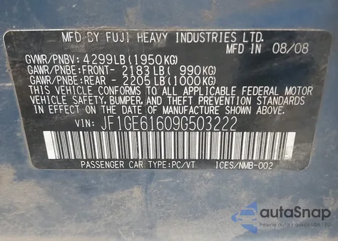 2009 Subaru Impreza 2.5I from USA, damaged, VIN JF1GE61609G503222